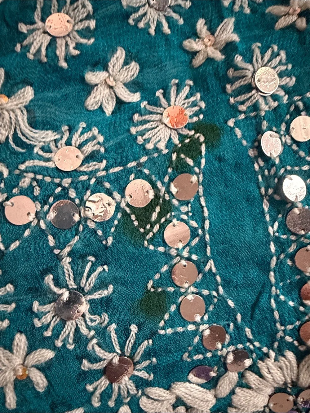 Raj Teal Silk Infinity Scarf with Silver Sequin Embroidery